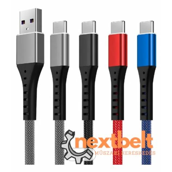Gyorstöltő adatkábel 5A USB-C és USB-A 100 cm több színben
